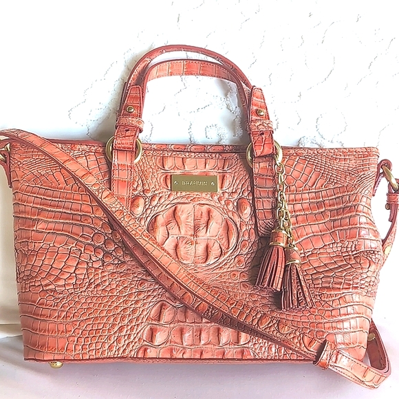 Brahmin Mini Asher Tulle Coral Colored Crock Embossed Leather Brass Hardware NWT - Picture 1 of 17
